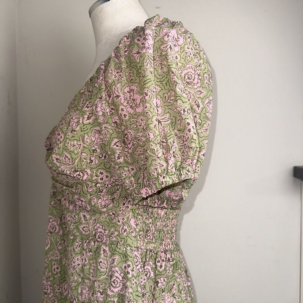 NWT Japna Olive Green Pink Floral Smocked Dress Puffy Sleeves Size X-Large NEW7 - Picture 6 of 9